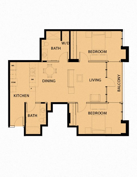 Floor plan for 2 beds, 2 baths, 1206 sqft